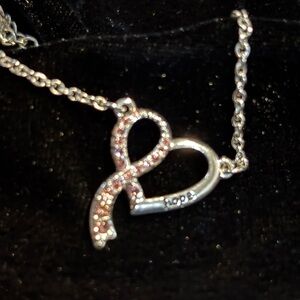2016 Avon Breast Cancer Crusade Silver Tone Pink Heart  Necklace